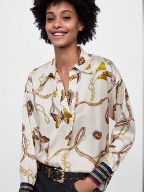 Zara Cream Chain Butterfly Blouse Satin XS/S Equestrian Career Office